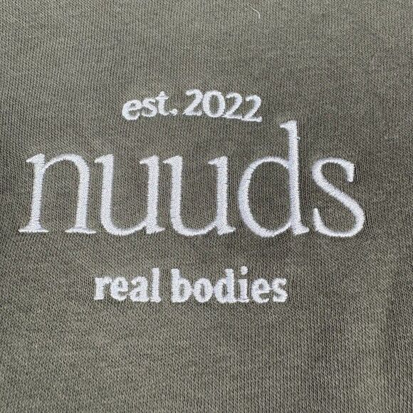 Nuuds Real Bodies Crewneck Sweatshirt XL Olive Green Fleece Lined Boxy Cozy - Picture 2 of 6
